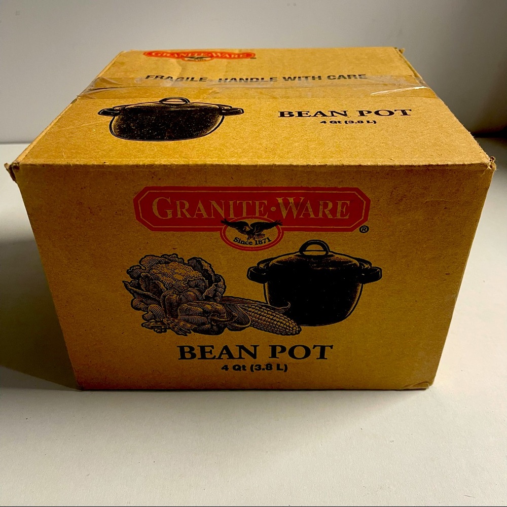 4-Quart bean pot Enamel on Steel Bean Pot with lid, Granite Ware Speckled Black